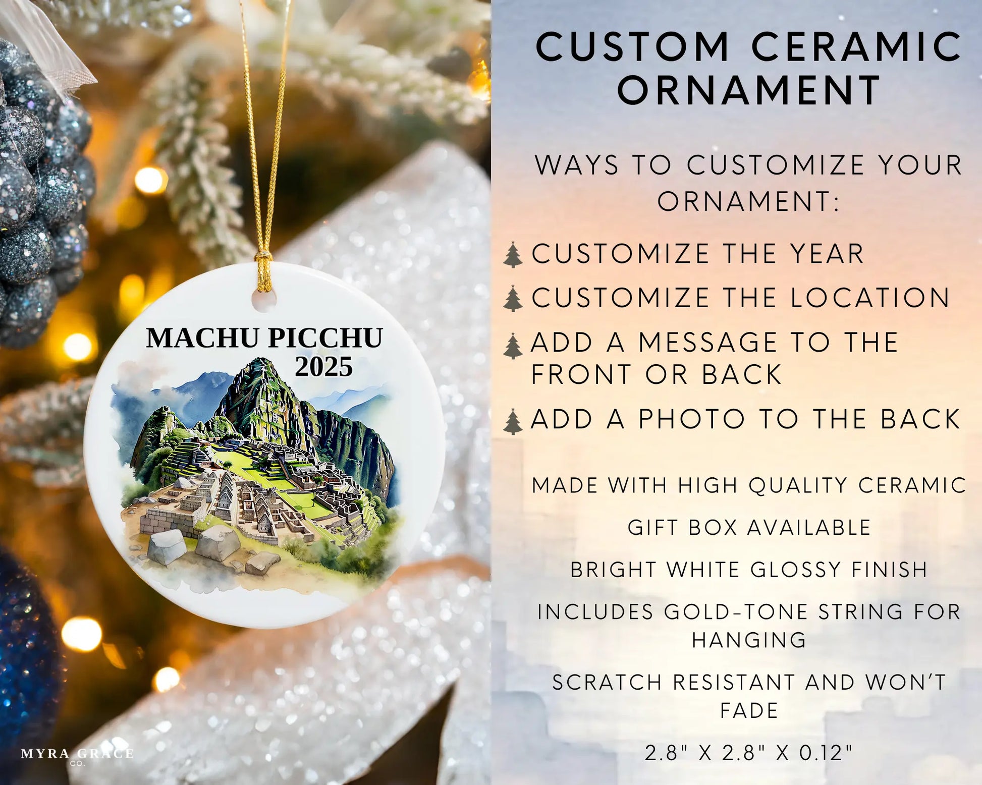 Custom Machu Picchu ceramic photo ornament with personalized message – handmade Christmas bauble, gift souvenir, or vacation keepsake.  Infographic