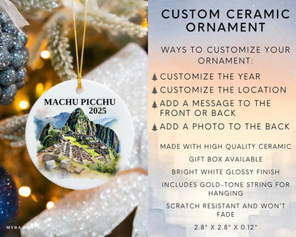Custom Machu Picchu ceramic photo ornament with personalized message – handmade Christmas bauble, gift souvenir, or vacation keepsake.  Infographic
