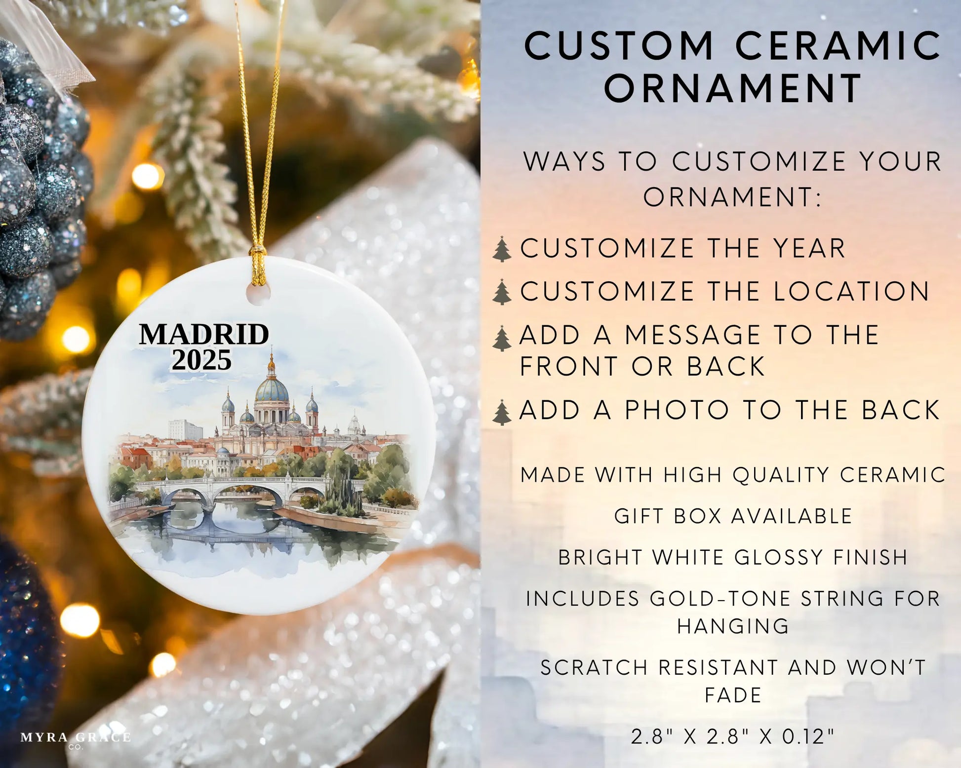 Custom Madrid Spain ceramic photo ornament with personalized message – handmade Christmas bauble, gift souvenir, or vacation keepsake.  Infographic