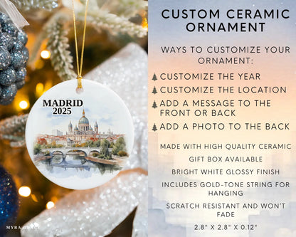 Custom Madrid Spain ceramic photo ornament with personalized message – handmade Christmas bauble, gift souvenir, or vacation keepsake.  Infographic