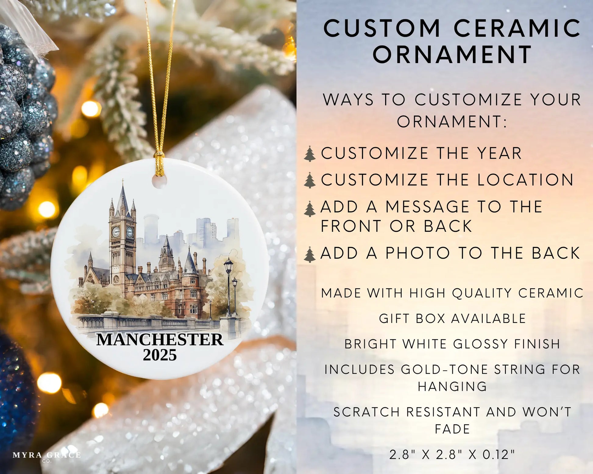 Custom Manchester UK ceramic photo ornament with personalized message – handmade Christmas bauble, gift souvenir, or vacation keepsake.  Infographic