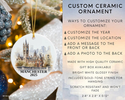 Custom Manchester UK ceramic photo ornament with personalized message – handmade Christmas bauble, gift souvenir, or vacation keepsake.  Infographic