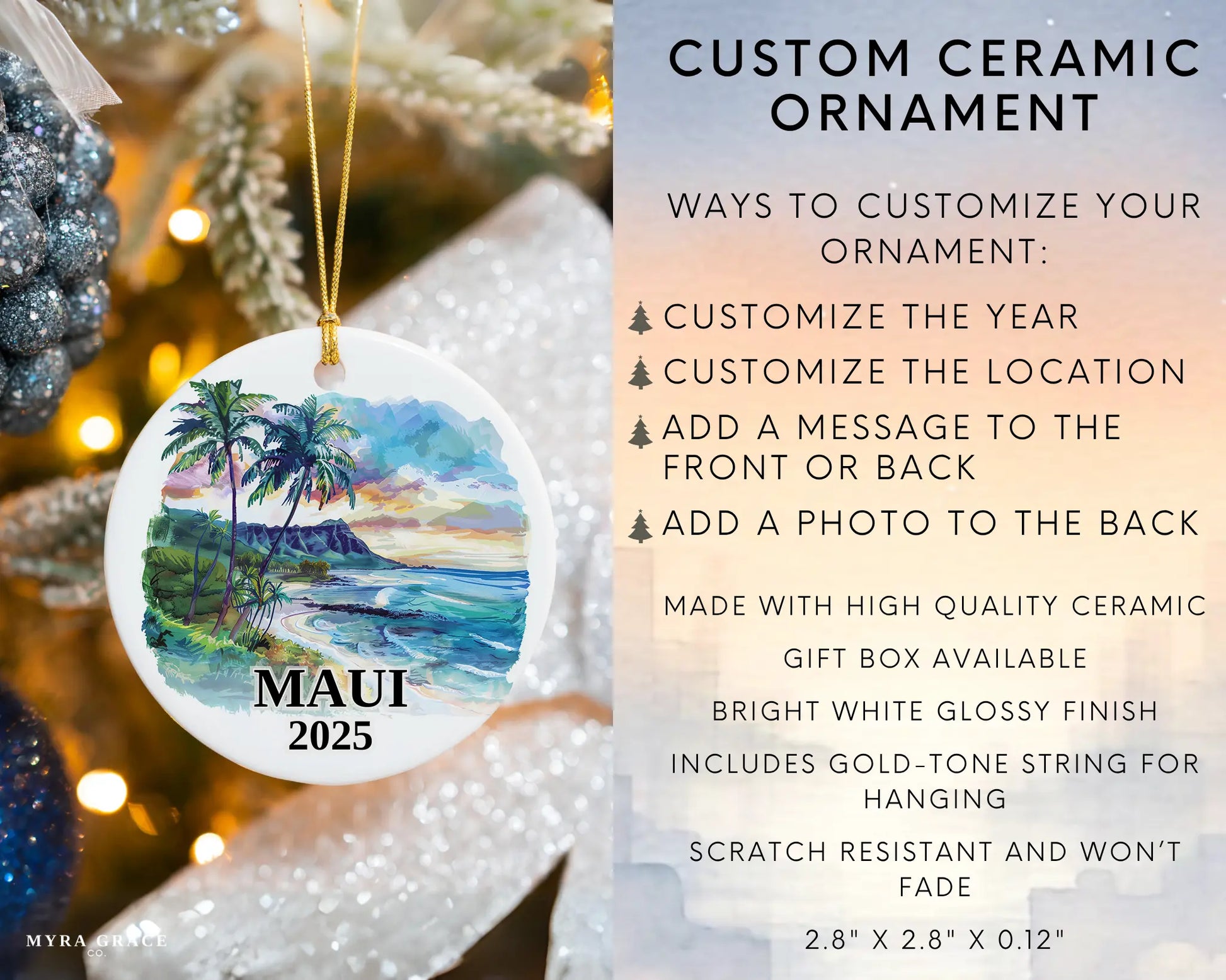 Custom Maui Hawaii ceramic photo ornament with personalized message – handmade Christmas bauble, gift souvenir, or vacation keepsake.  Infographic