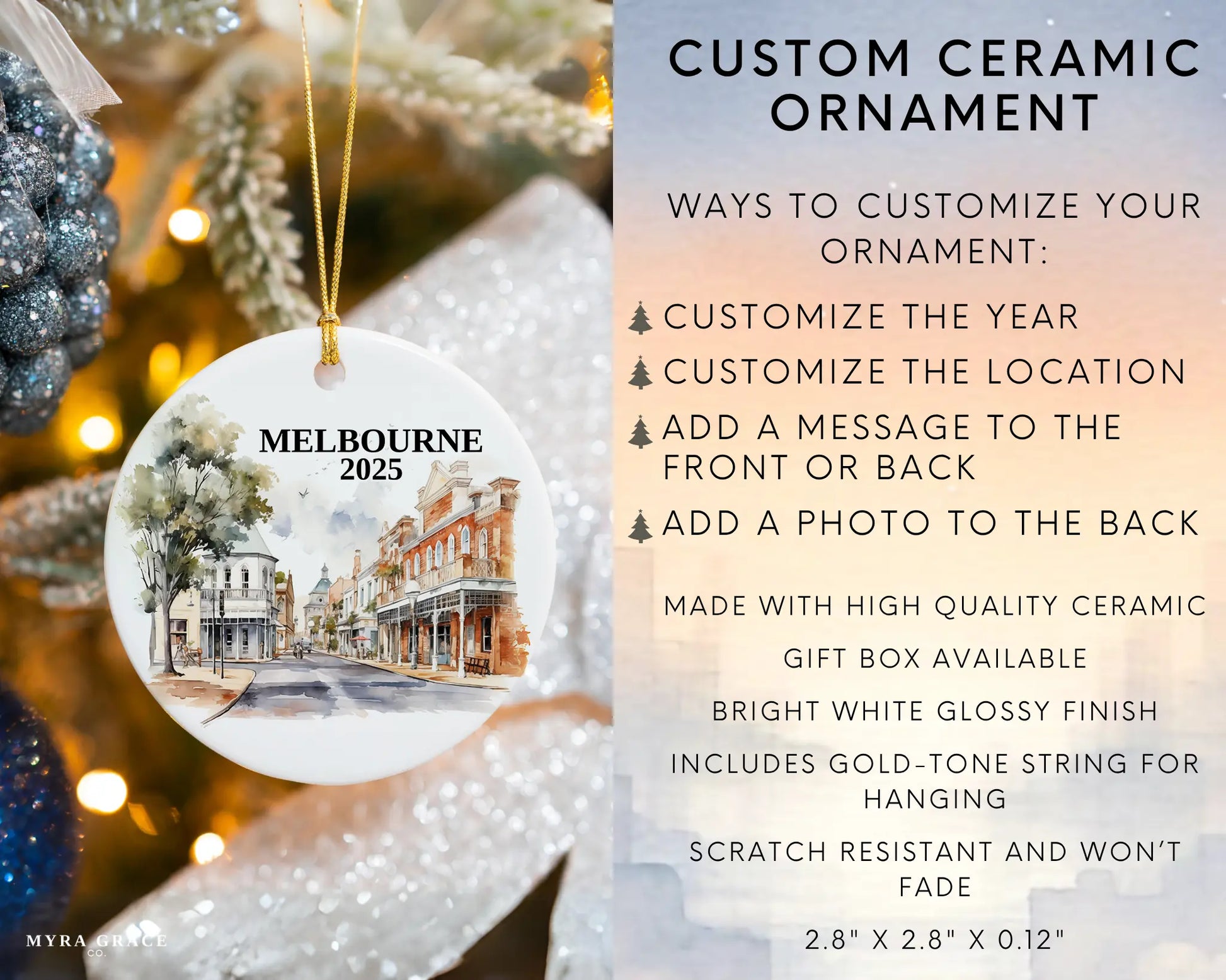Custom Melbourne Australia ceramic photo ornament with personalized message – handmade Christmas bauble, gift souvenir, or vacation keepsake.  Infographic