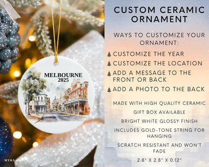Custom Melbourne Australia ceramic photo ornament with personalized message – handmade Christmas bauble, gift souvenir, or vacation keepsake.  Infographic