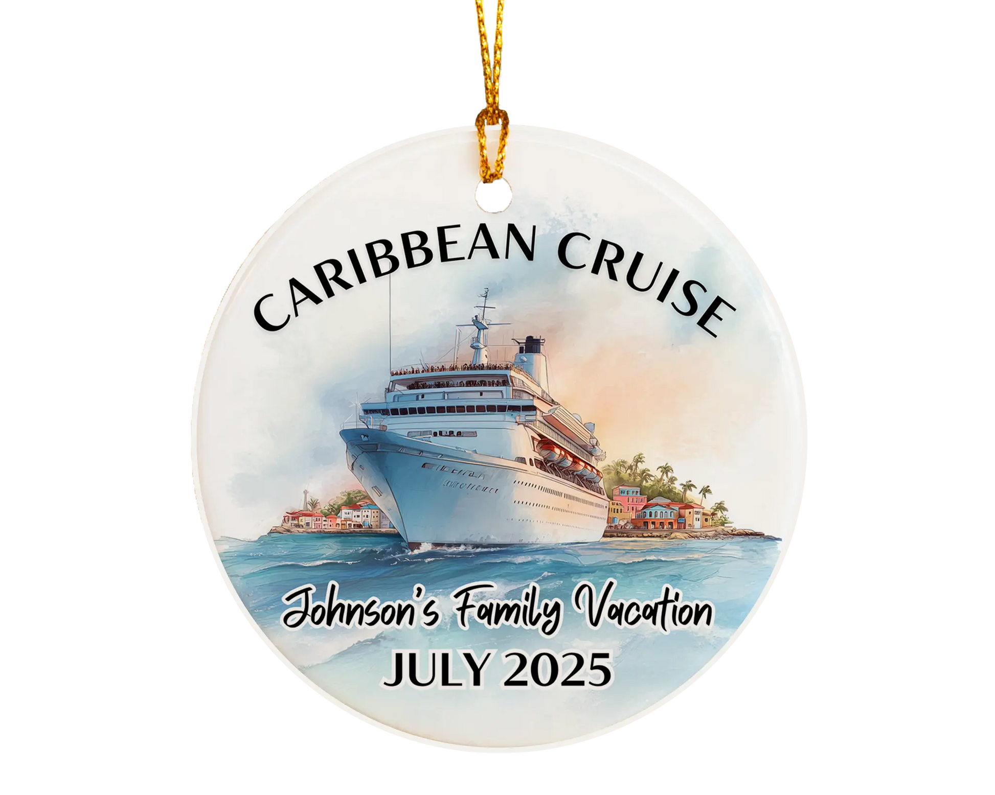 Handmade ceramic Caribbean cruise ornament with personalized location and photo – custom Christmas bauble or cruise vacation souvenir.