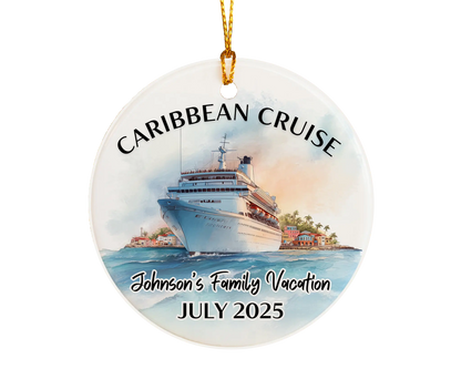 Handmade ceramic Caribbean cruise ornament with personalized location and photo – custom Christmas bauble or cruise vacation souvenir.