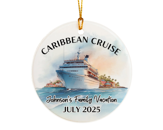 Handmade ceramic Caribbean cruise ornament with personalized location and photo – custom Christmas bauble or cruise vacation souvenir.