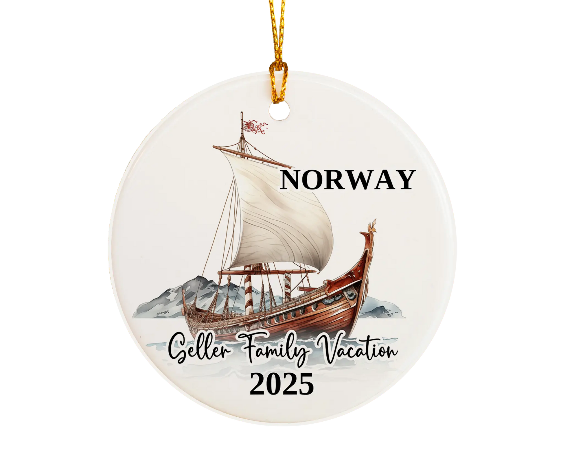 Custom vacation Norway ceramic photo ornament with personalized message – handmade Christmas bauble, gift souvenir, or vacation keepsake. 