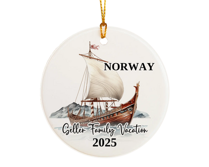 Custom vacation Norway ceramic photo ornament with personalized message – handmade Christmas bauble, gift souvenir, or vacation keepsake. 
