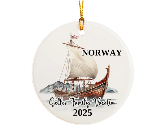 Custom vacation Norway ceramic photo ornament with personalized message – handmade Christmas bauble, gift souvenir, or vacation keepsake. 