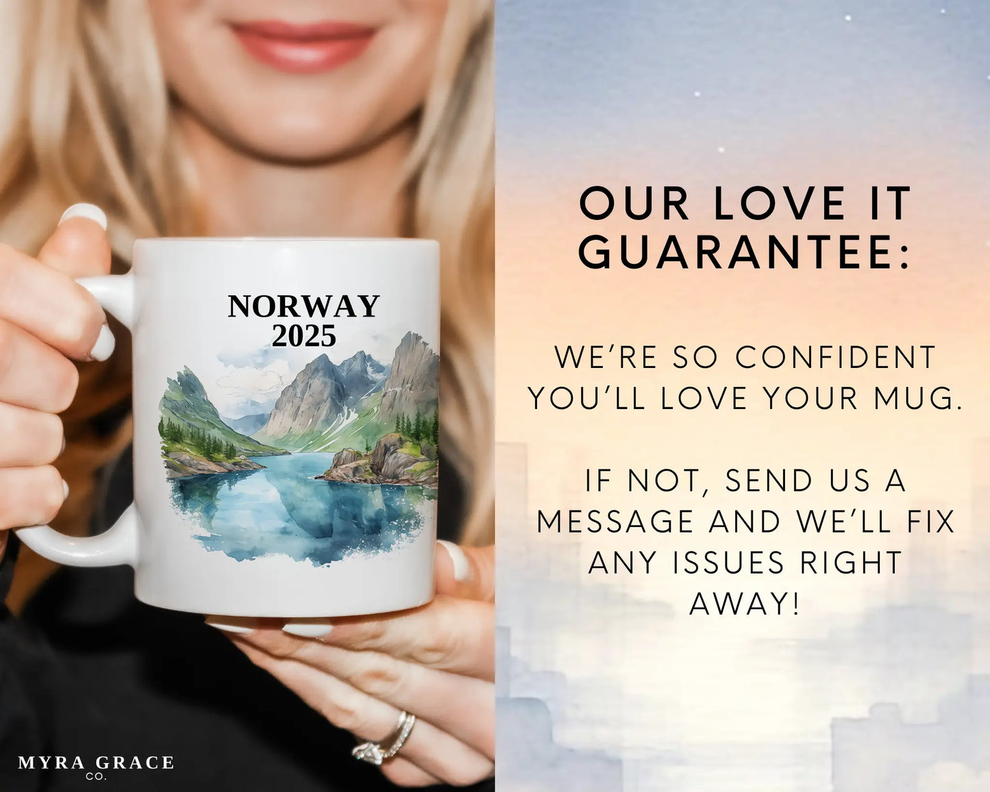 Custom ceramic Norway vacation mug with watercolor location design, date, and personal photo – personalized travel gift or photo mug. Love it guarantee