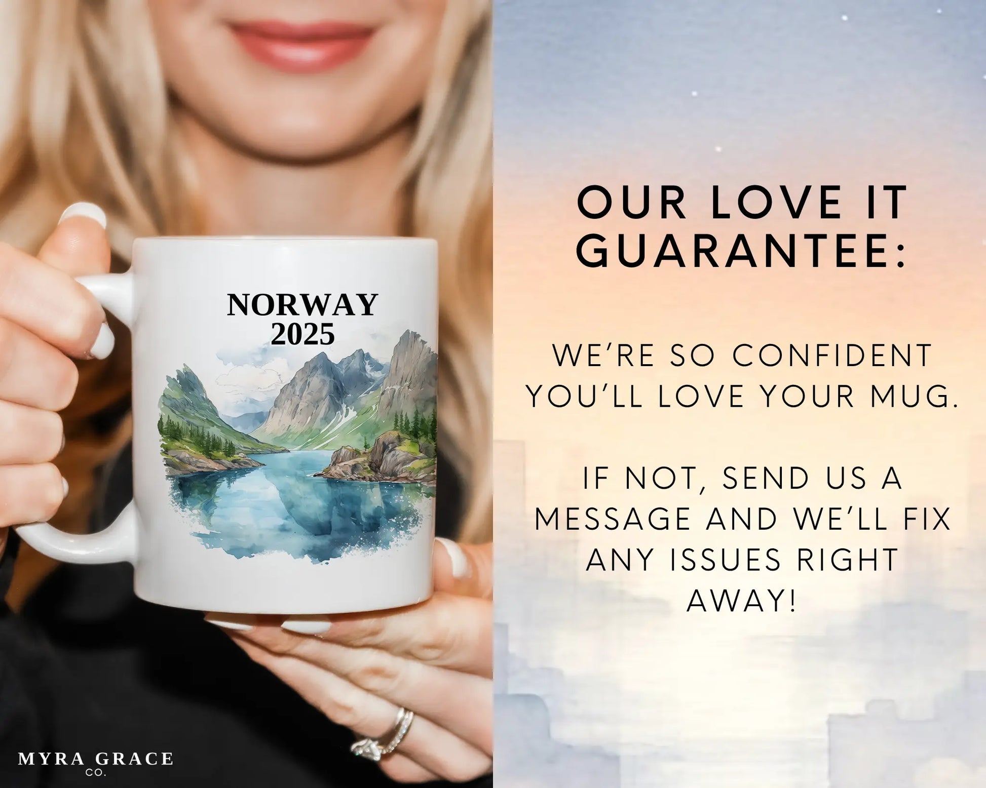 Custom ceramic Norway vacation mug with watercolor location design, date, and personal photo – personalized travel gift or photo mug. Love it guarantee
