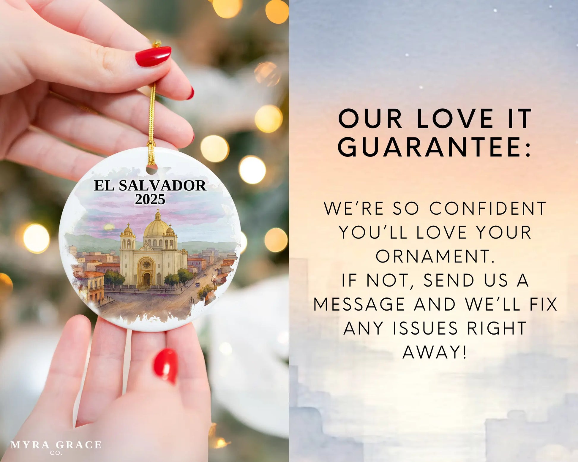 Custom El Salvador ceramic photo ornament with personalized message – handmade Christmas bauble, gift souvenir, or vacation keepsake.  Love it guarantee