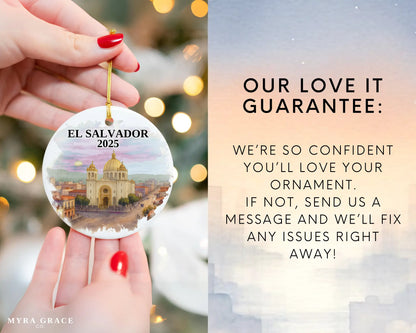 Custom El Salvador ceramic photo ornament with personalized message – handmade Christmas bauble, gift souvenir, or vacation keepsake.  Love it guarantee