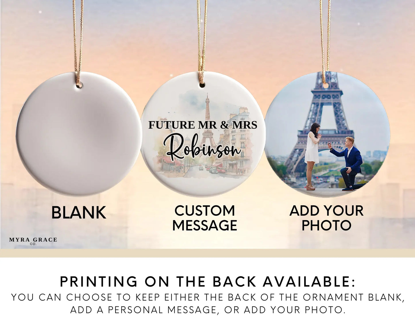 Paris Engagement Ornament Custom Gift Souvenir Bauble Present. Add your photo. Photo ornament