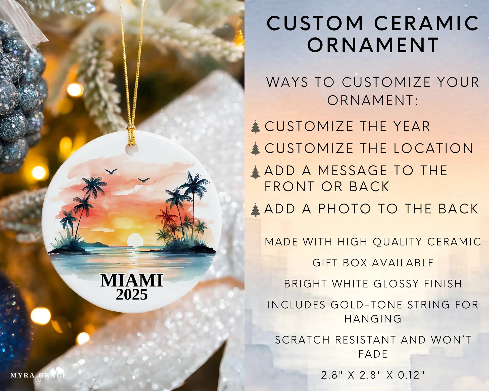 Custom Miami Florida ceramic photo ornament with personalized message – handmade Christmas bauble, gift souvenir, or vacation keepsake.  Infographic