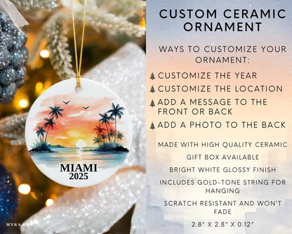 Custom Miami Florida ceramic photo ornament with personalized message – handmade Christmas bauble, gift souvenir, or vacation keepsake.  Infographic