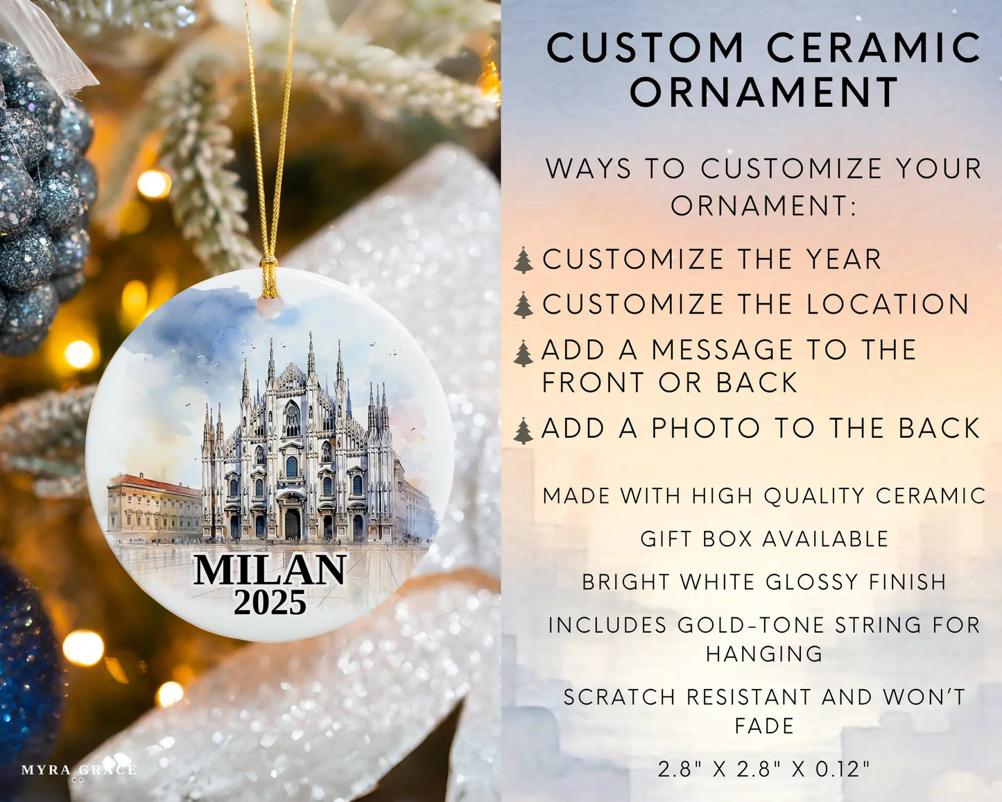 Custom Milan Italy ceramic photo ornament with personalized message – handmade Christmas bauble, gift souvenir, or vacation keepsake.  Infographic