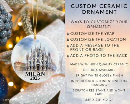Custom Milan Italy ceramic photo ornament with personalized message – handmade Christmas bauble, gift souvenir, or vacation keepsake.  Infographic