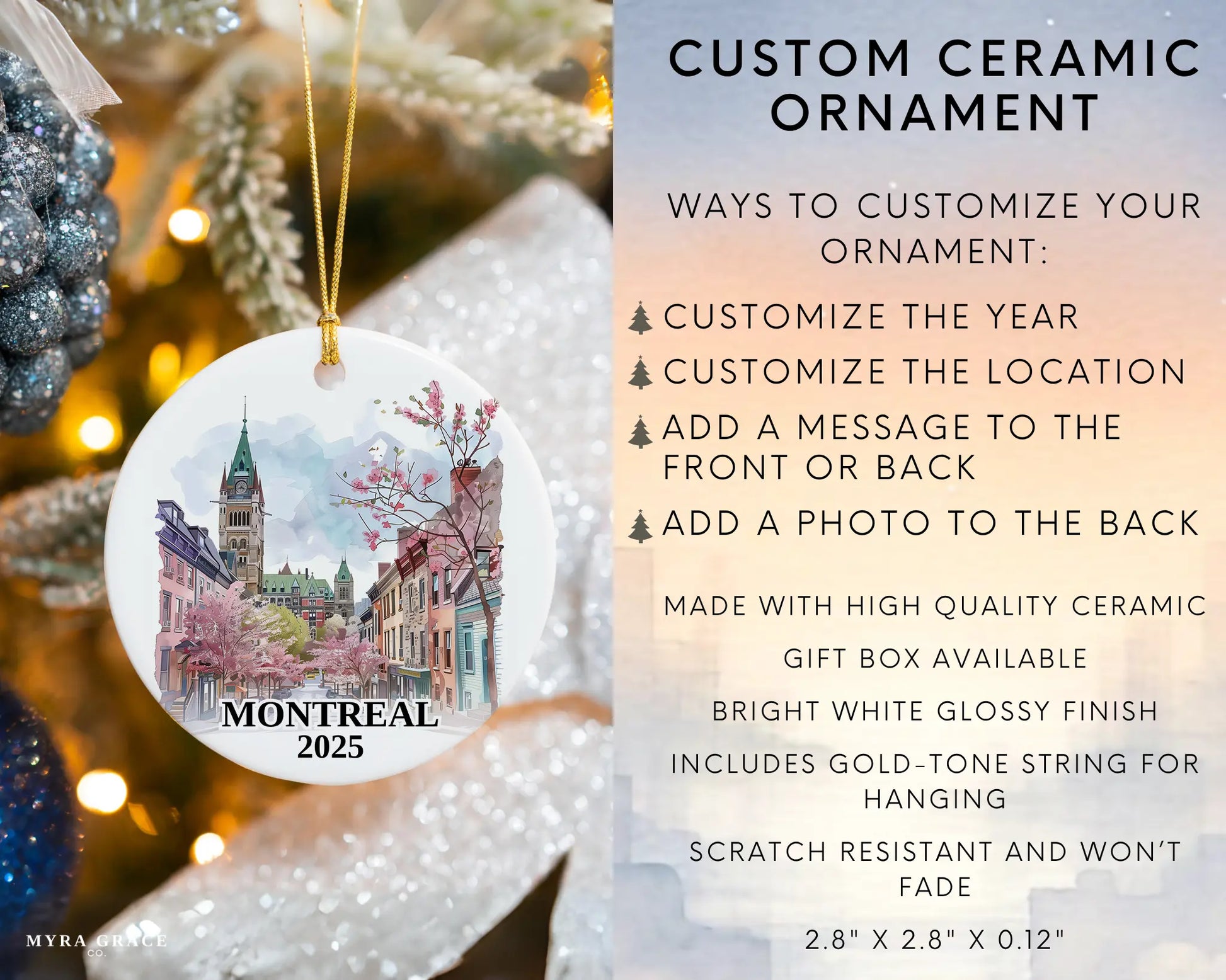 Custom Montreal Quebec ceramic photo ornament with personalized message – handmade Christmas bauble, gift souvenir, or vacation keepsake.  Infographic