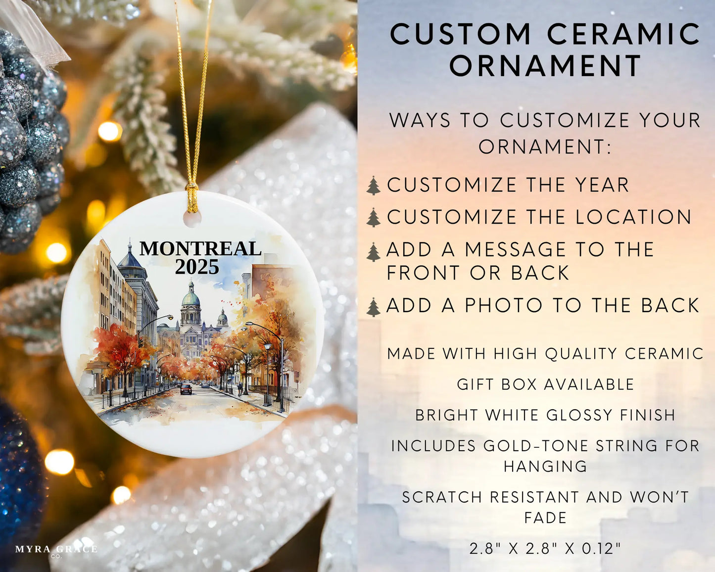 Custom Montreal Quebec ceramic photo ornament with personalized message – handmade Christmas bauble, gift souvenir, or vacation keepsake.  Infographic
