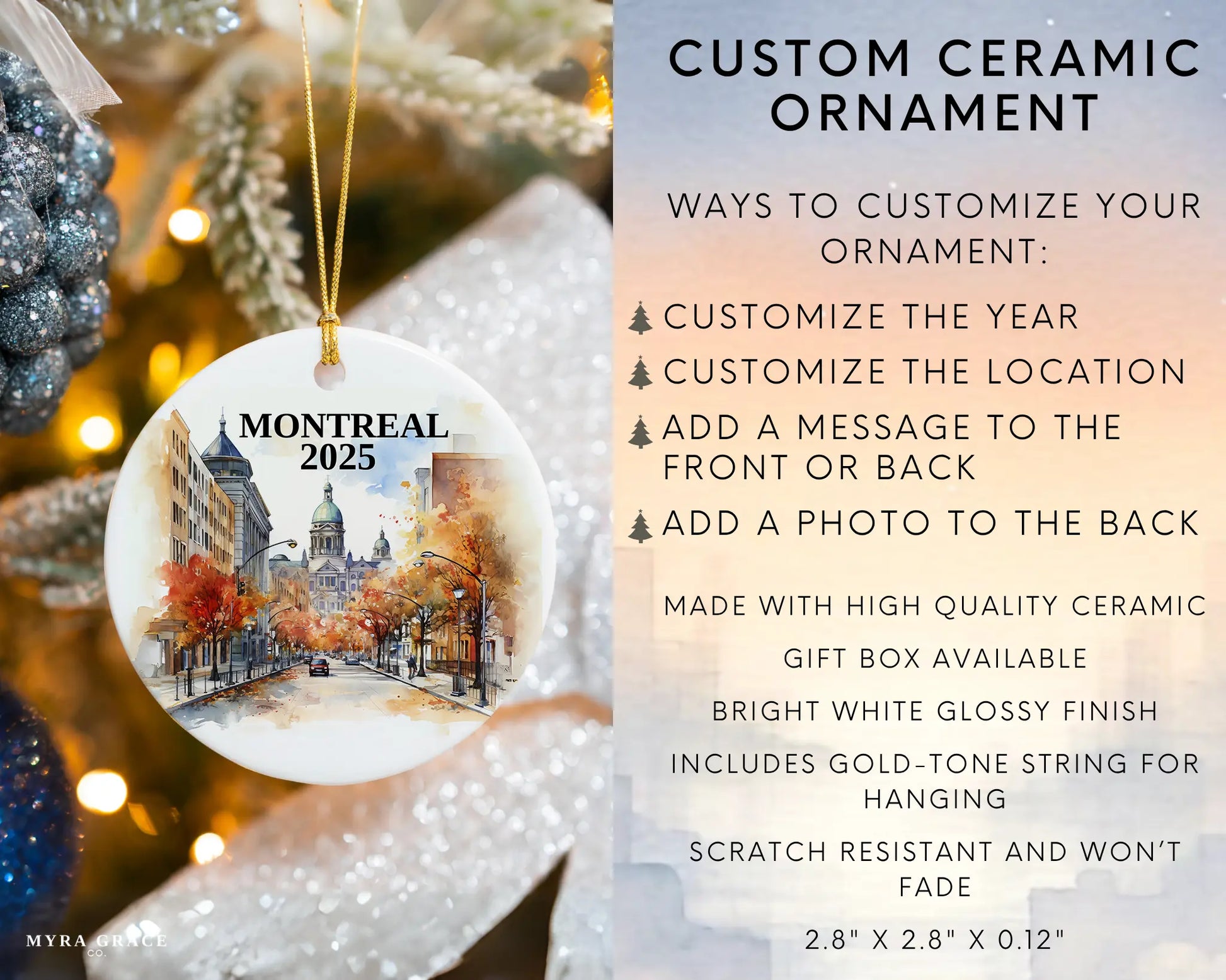 Custom Montreal Quebec ceramic photo ornament with personalized message – handmade Christmas bauble, gift souvenir, or vacation keepsake.  Infographic