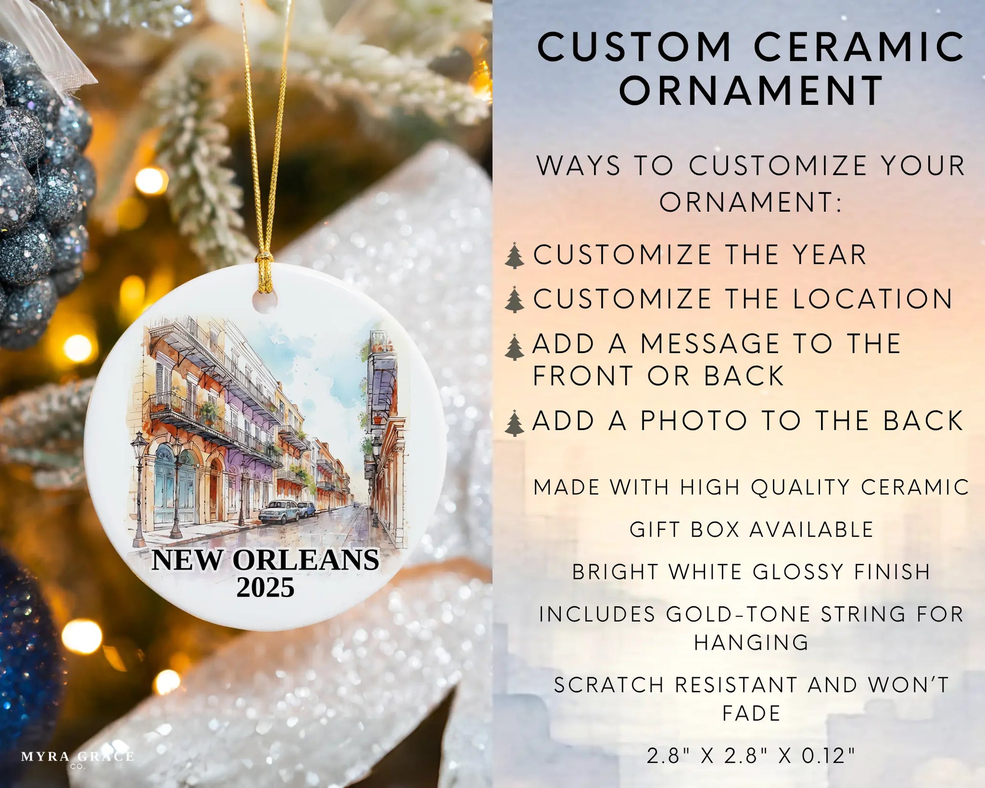 Custom New Orleans ceramic photo ornament with personalized message – handmade Christmas bauble, gift souvenir, or vacation keepsake.  Infographic