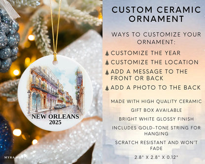 Custom New Orleans ceramic photo ornament with personalized message – handmade Christmas bauble, gift souvenir, or vacation keepsake.  Infographic