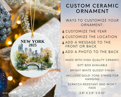 Custom New York Central Park ceramic photo ornament with personalized message – handmade Christmas bauble, gift souvenir, or vacation keepsake.  Infographic