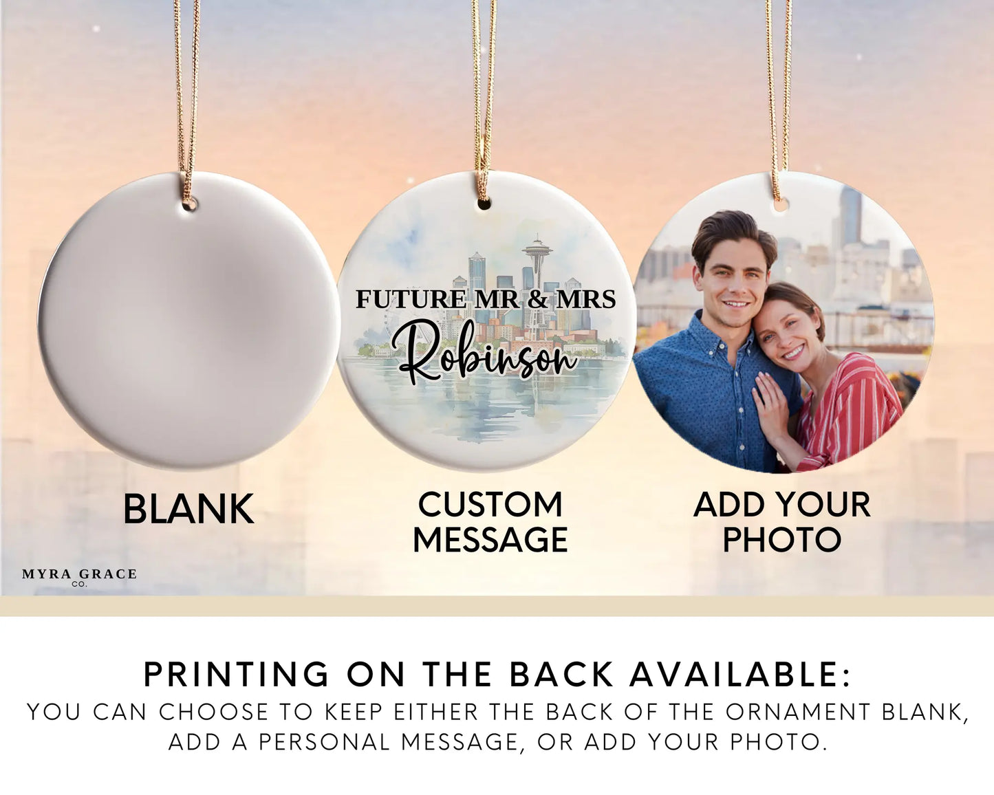 Seattle Engagement Ornament Custom Gift Souvenir Bauble Present. Add your photo. Photo ornament