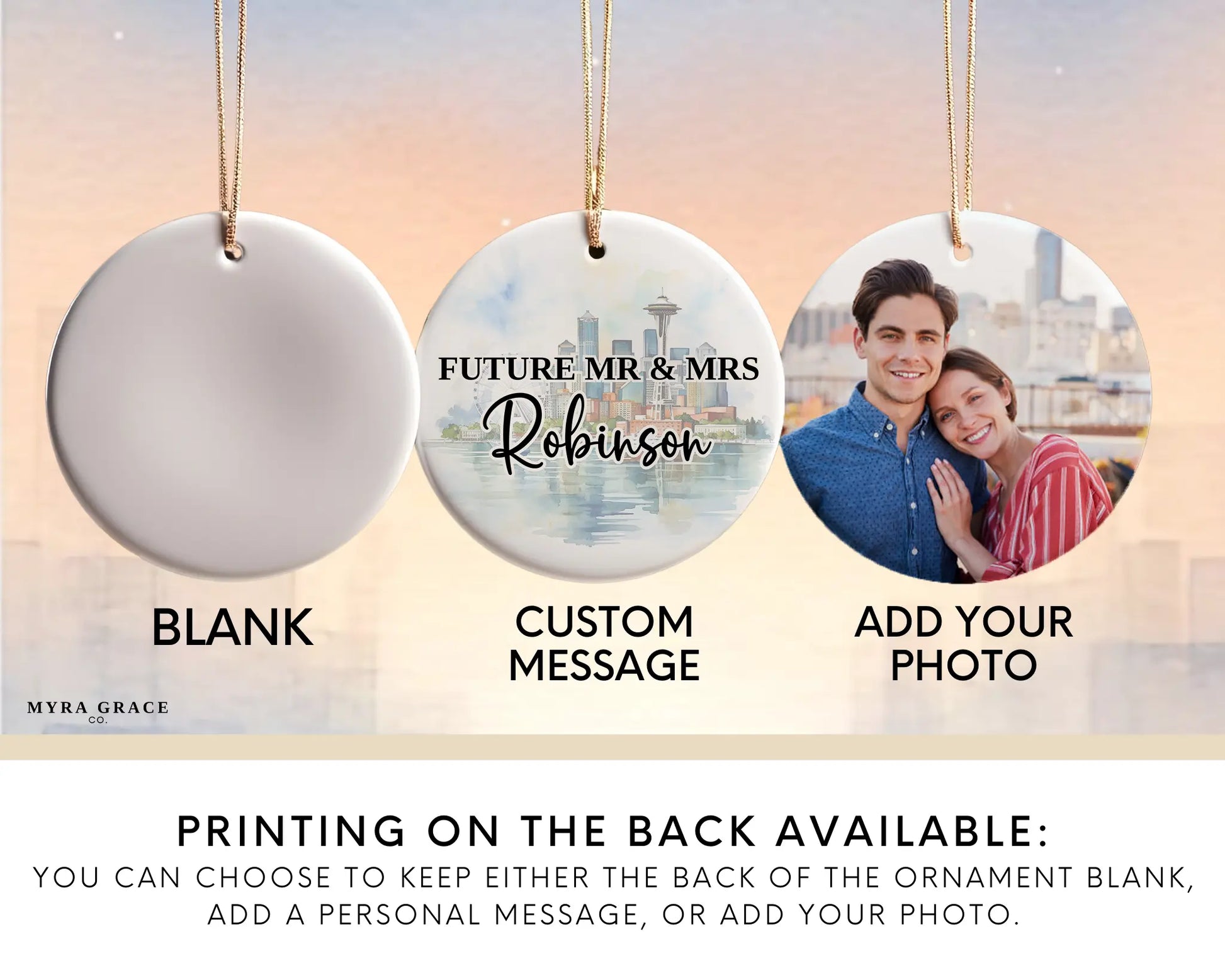 Seattle Engagement Ornament Custom Gift Souvenir Bauble Present. Add your photo. Photo ornament