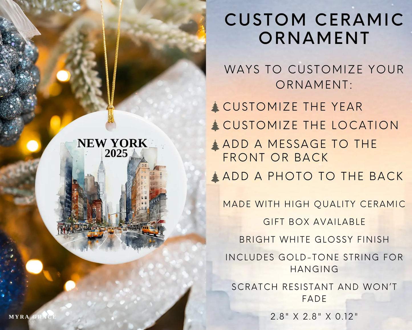 Custom New York City ceramic photo ornament with personalized message – handmade Christmas bauble, gift souvenir, or vacation keepsake.  Infographic