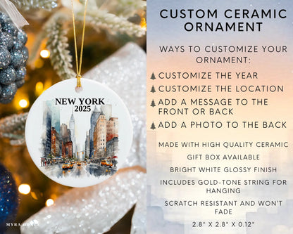 Custom New York City ceramic photo ornament with personalized message – handmade Christmas bauble, gift souvenir, or vacation keepsake.  Infographic