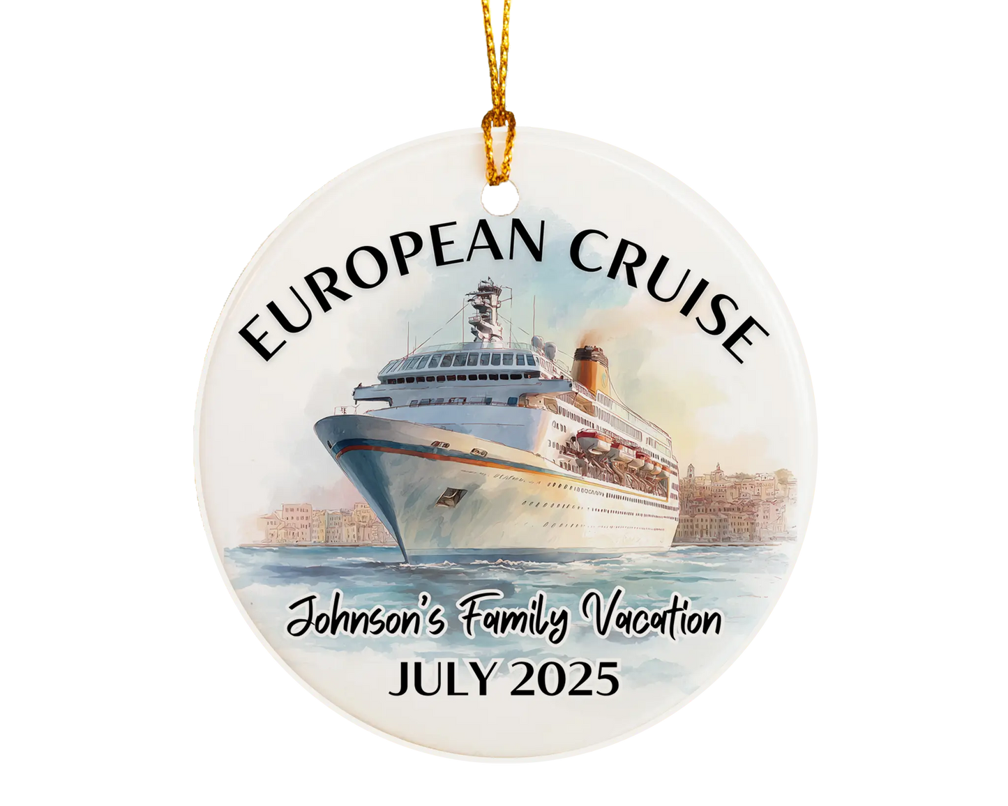 Handmade ceramic Europe cruise ornament with personalized location and photo – custom Christmas bauble or cruise vacation souvenir.