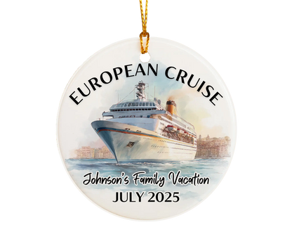 Handmade ceramic Europe cruise ornament with personalized location and photo – custom Christmas bauble or cruise vacation souvenir.