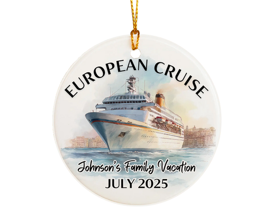 Handmade ceramic Europe cruise ornament with personalized location and photo – custom Christmas bauble or cruise vacation souvenir.