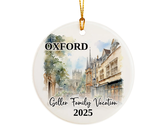 Custom vacation Oxford England ceramic photo ornament with personalized message – handmade Christmas bauble, gift souvenir, or vacation keepsake. 