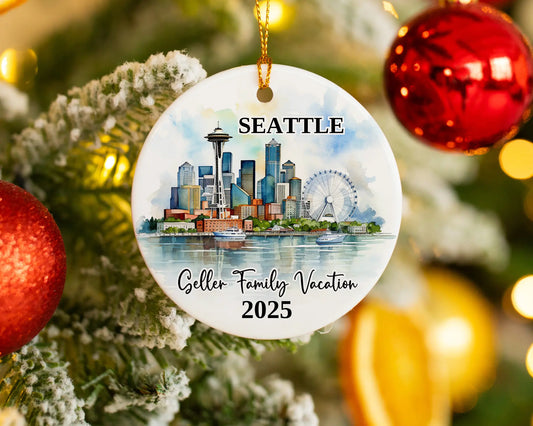Custom vacation Seattle ceramic photo ornament with personalized message – handmade Christmas bauble, gift souvenir, or vacation keepsake. 