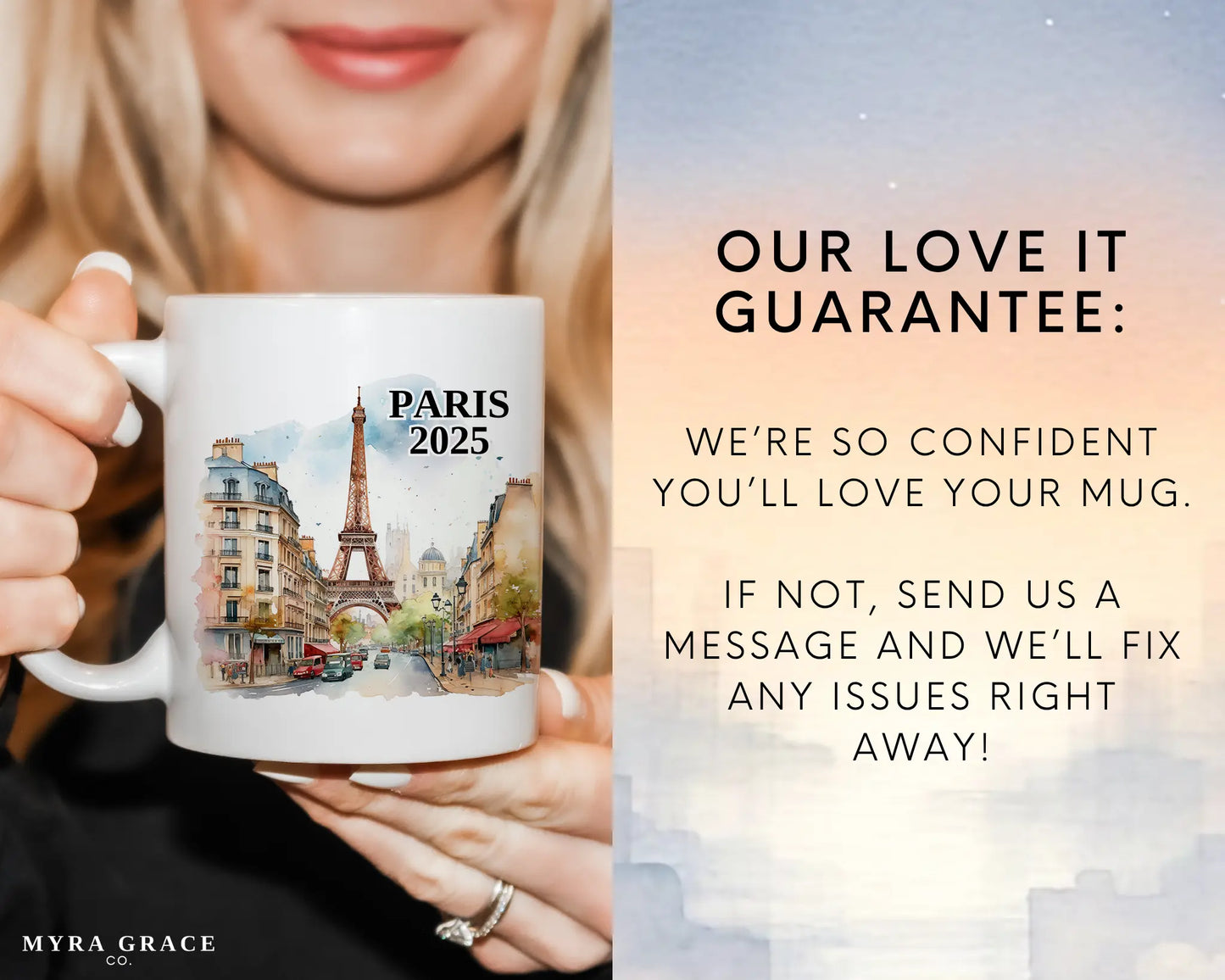 Custom ceramic Paris France vacation mug with watercolor location design, date, and personal photo – personalized travel gift or photo mug. Love it guarantee
