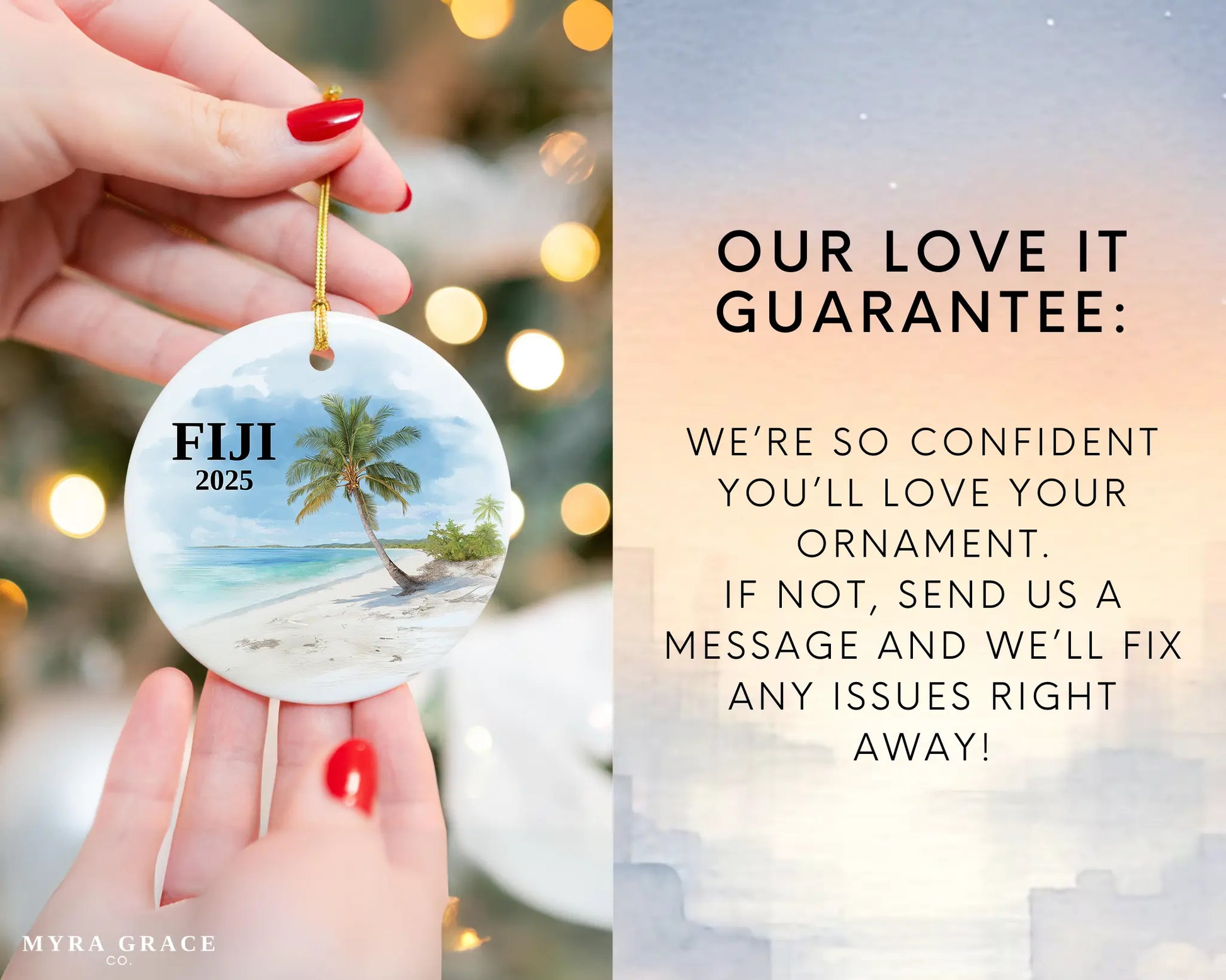 Custom Fiji ceramic photo ornament with personalized message – handmade Christmas bauble, gift souvenir, or vacation keepsake.  Love it guarantee