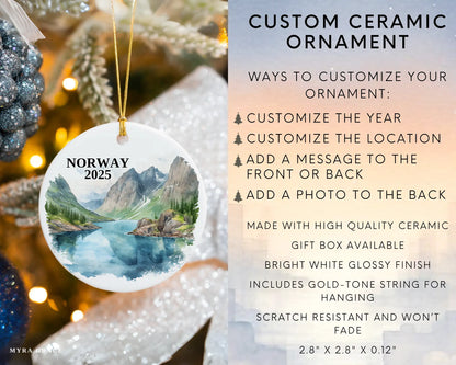 Custom Norway ceramic photo ornament with personalized message – handmade Christmas bauble, gift souvenir, or vacation keepsake.  Infographic