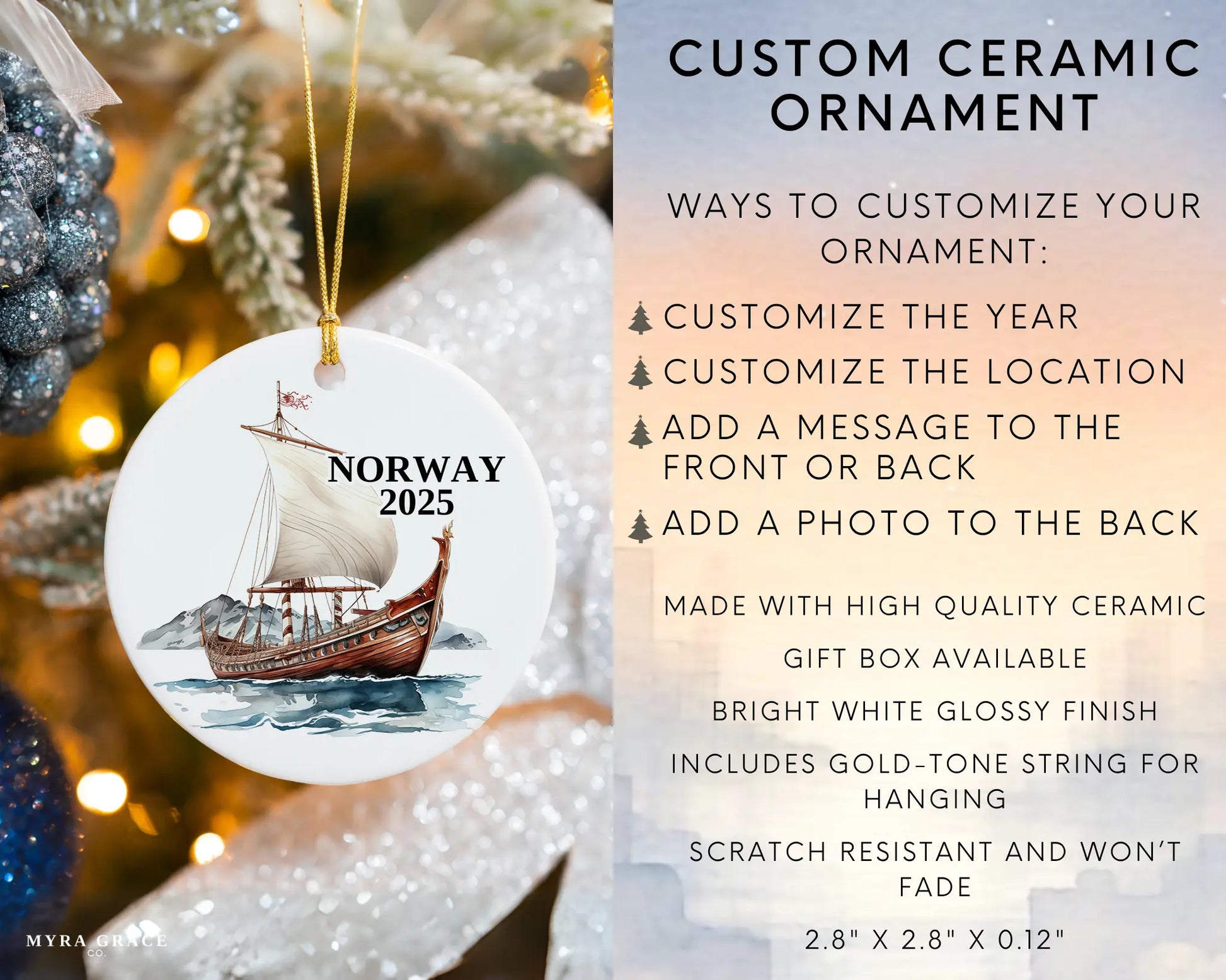 Custom Norway Vikings ceramic photo ornament with personalized message – handmade Christmas bauble, gift souvenir, or vacation keepsake.  Infographic