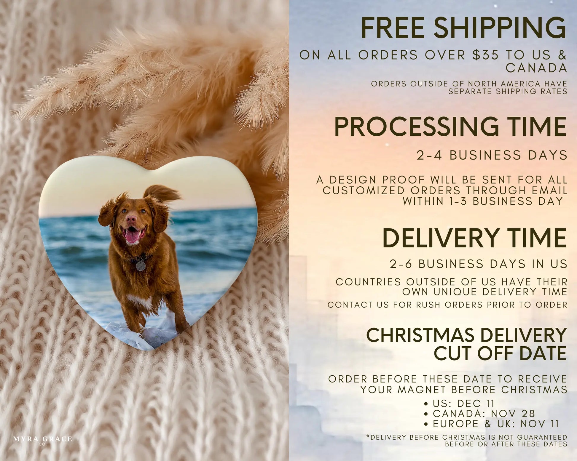 Heart-shaped custom dog ceramic photo magnet on fridge – handmade personalized gift or Christmas fridge magnet. Shipping