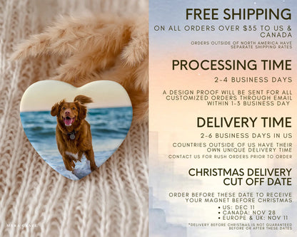 Heart-shaped custom dog ceramic photo magnet on fridge – handmade personalized gift or Christmas fridge magnet. Shipping