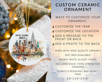 Custom New York NYC ceramic photo ornament with personalized message – handmade Christmas bauble, gift souvenir, or vacation keepsake.  Infographic