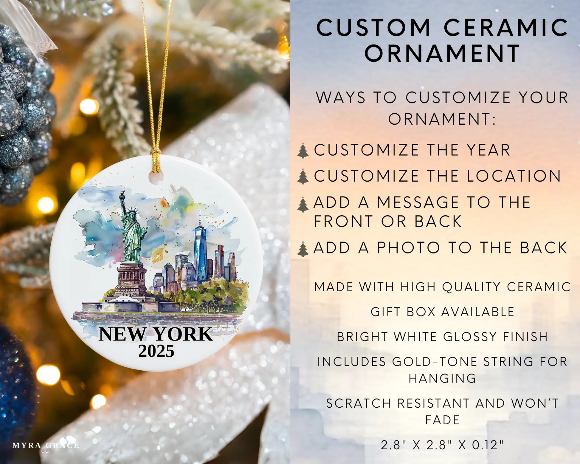 Custom New York Statue of Liberty ceramic photo ornament with personalized message – handmade Christmas bauble, gift souvenir, or vacation keepsake.  Infographic