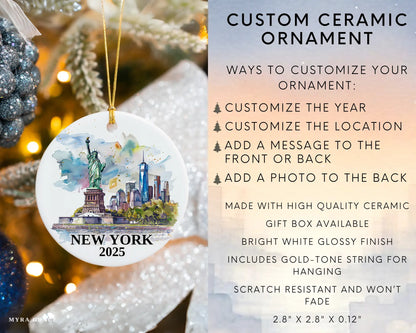 Custom New York Statue of Liberty ceramic photo ornament with personalized message – handmade Christmas bauble, gift souvenir, or vacation keepsake.  Infographic