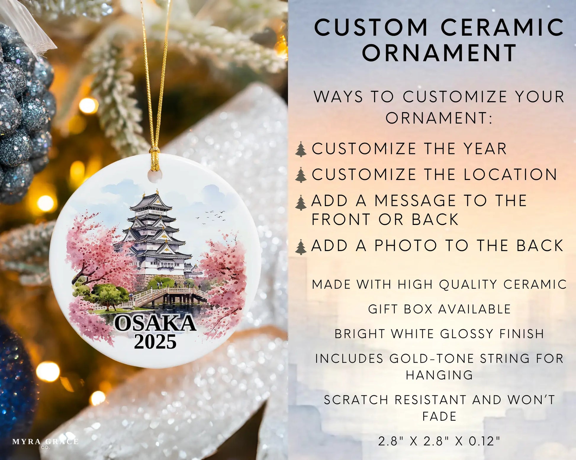 Custom Osaka Japan ceramic photo ornament with personalized message – handmade Christmas bauble, gift souvenir, or vacation keepsake. 