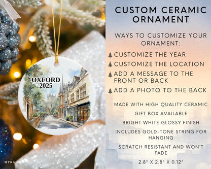 Custom Oxford England ceramic photo ornament with personalized message – handmade Christmas bauble, gift souvenir, or vacation keepsake.  Infographic
